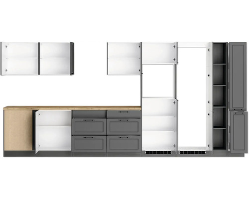 Meubles de cuisine avec portes et tiroirs ouverts