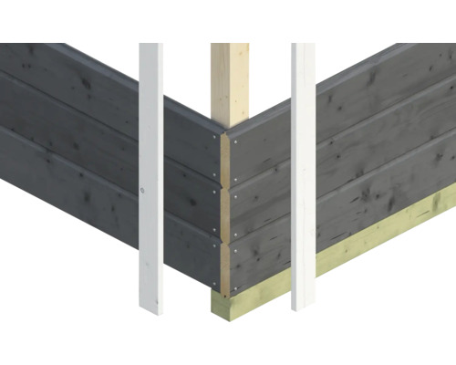 Eckdetail eines Gartenhauses mit Holzverkleidung
