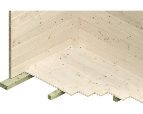 Coin d''un abri de jardin avec des murs en bois et un plancher en bois