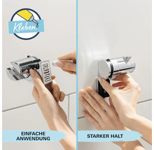 Bilderreihe zeigt die einfache, starke Montage einer Duschhalterung mit Kleber.