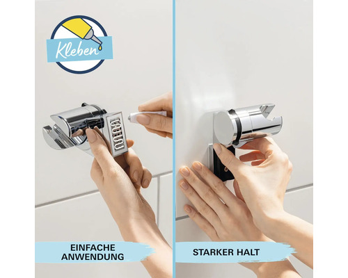 Bilderreihe zeigt die einfache, starke Montage einer Duschhalterung mit Kleber.