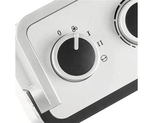 Nahaufnahme eines Drehreglers für ein Heizgerät mit den Einstellungen 0, Ventilator, I und II.
