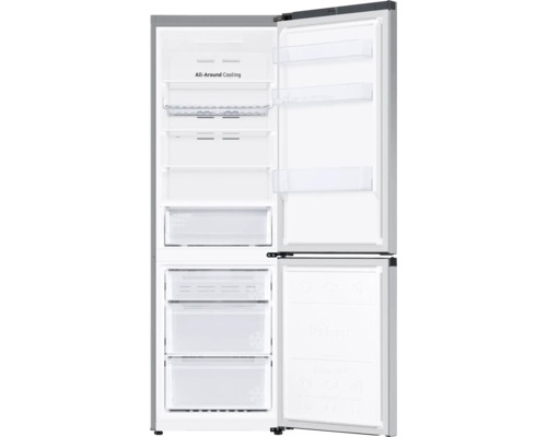 Geöffneter Kühlschrank mit Gefrierfach, Innenraum mit Regalen und Schubladen