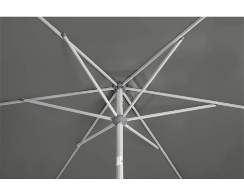 Detailansicht von unten eines geöffneten Sonnenschirms mit Streben