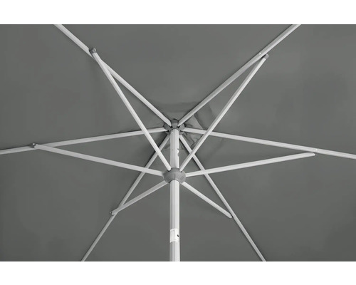 Blick von unten auf einen geöffneten Sonnenschirm mit hellem Gestell