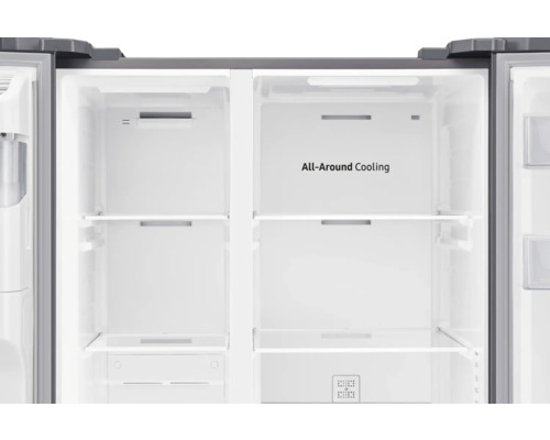 Innenansicht eines Kühlschranks mit mehreren Regalen und der Aufschrift All-Around Cooling.