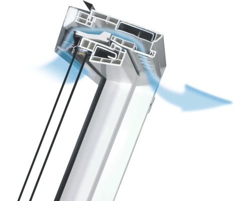 Coupe transversale d''une fenêtre de toit avec fonction de ventilation