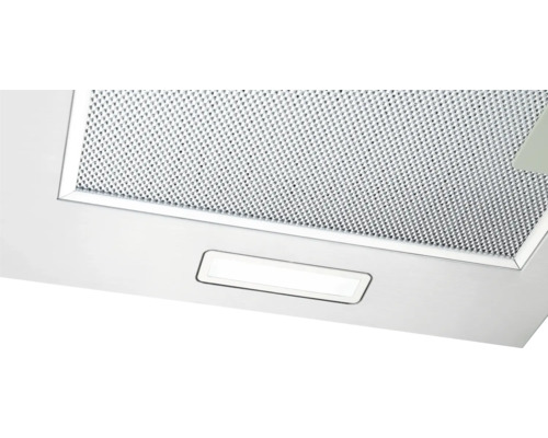 Découpe d''une hotte aspirante avec filtre métallique et éclairage intégré.