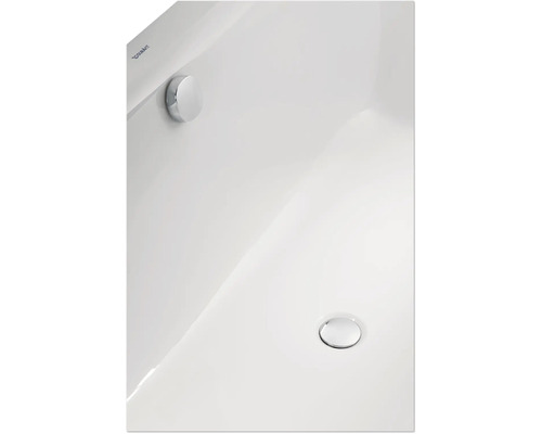 Vue détaillée d''un lavabo Duravit blanc avec soupape d''évacuation chromée et trop-plein