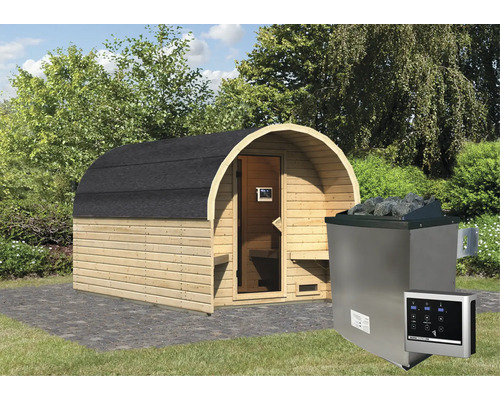 Aussensauna mit Holzofen und Steuerung im Garten