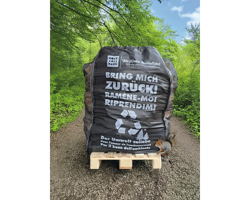 Un sac de bois de chauffage sur une palette avec le logo Holz Zoll Haus et un écureuil