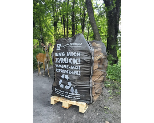 Un sac de bois de chauffage sur une palette dans la forêt avec un cerf en arrière-plan.