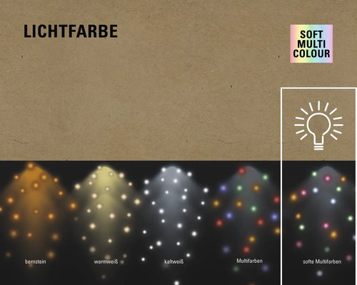 Lichtfarben: Bernstein, Warmweiss, Kaltweiss, Multicolor, softe Multicolor