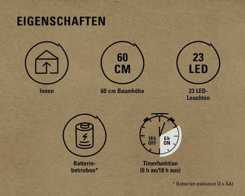 Eigenschaften: Innenbereich geeignet, 60 Zentimeter Baumhöhe, 23 LED Leuchten, Batteriebetrieb, Timerfunktion