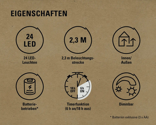 Eigenschaften: 24 LED Leuchten, 2,3 m Beleuchtungsstrecke, für Innen und Aussen, Batteriebetrieb, Timerfunktion sechs Stunden an und 18 Stunden aus, dimmbar