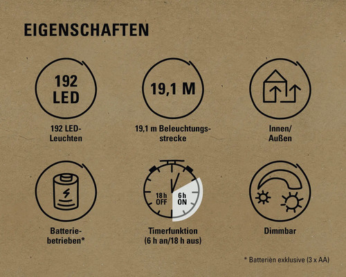 Eigenschaften: 192 LED Leuchten, 19,1 Meter Beleuchtungsstrecke, Innen- und Aussenbereich geeignet, Batteriebetrieb, Timerfunktion, Dimmbar