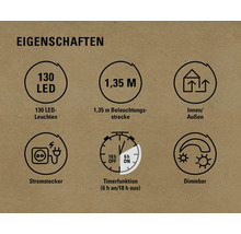 Eigenschaften: 130 LEDs, 1,35 Meter Beleuchtungsstrecke, für Innen und Außen, Stromstecker, Timerfunktion, dimmbar