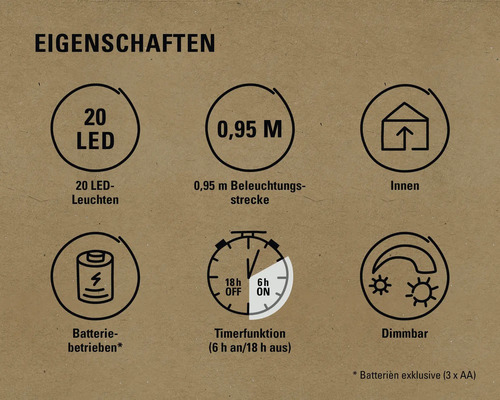 Eigenschaften: 20 LEDs, 0,95 Meter Länge, geeignet für Innenräume, batteriebetrieben, Timerfunktion (6 Stunden an, 18 Stunden aus), dimmbar