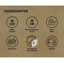 Produktmerkmale: 90 LEDs, 30 Zentimeter Länge, Innen- und Aussenbereich, Stecker, Timerfunktion, Dimmbar