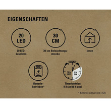 Eigenschaften: 20 LEDs, 30 Zentimeter, für Innenräume, Batteriebetrieb, Timerfunktion