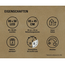 Eigenschaften: 80 plus 50 LED Leuchten, 65 Zentimeter plus 45 Zentimeter Beleuchtungsstrecke, für Innen und Außen, Batteriebetrieb, Timerfunktion (6 Stunden an, 18 Stunden aus), Dimmbar, Batterien exklusive (3 x AA)