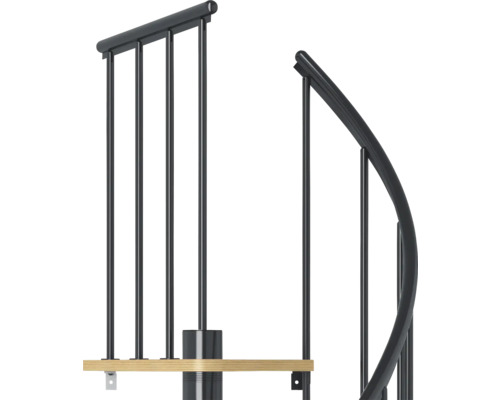 Détail d''un escalier en colimaçon avec marches en bois et rampe en métal