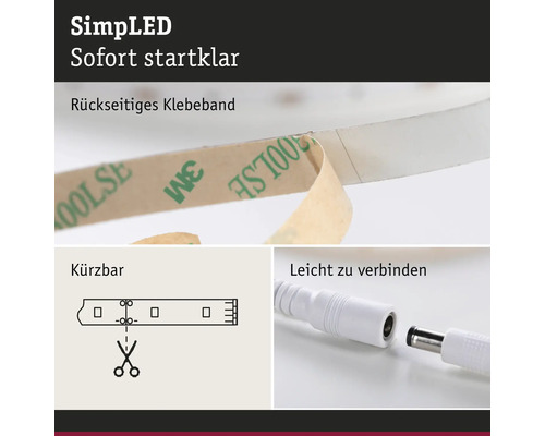 SimpLED Lichtleiste mit rückseitigem Klebeband, Kürzbarkeitssymbol und Verbindungsstück