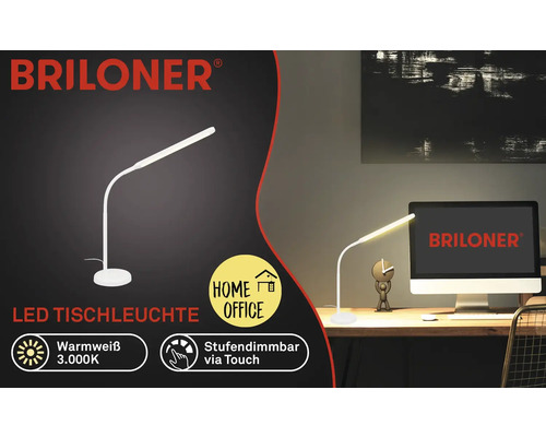 Briloner LED Tischleuchte mit warmweissem Licht und Touchdimmerfunktion in einem Homeoffice Setup