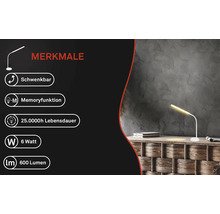 Schwenkbare LED Schreibtischlampe mit Memoryfunktion, 6 Watt Leistung und 600 Lumen Helligkeit.