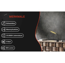 Schwenkbare Tischleuchte mit Memoryfunktion, 25000 Stunden Lebensdauer, 6 Watt Leistung und 600 Lumen Lichtstrom.