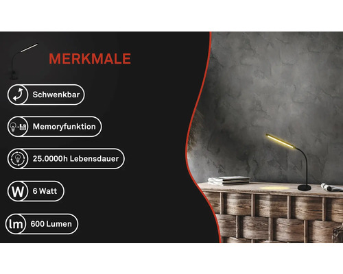 Schwenkbare Tischleuchte mit Memoryfunktion, 25000 Stunden Lebensdauer, 6 Watt Leistung und 600 Lumen Lichtstrom.
