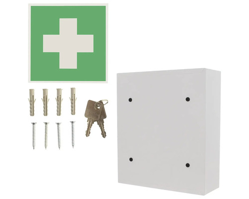 Armoire à pharmacie murale avec symbole de premiers secours, clés, vis et chevilles
