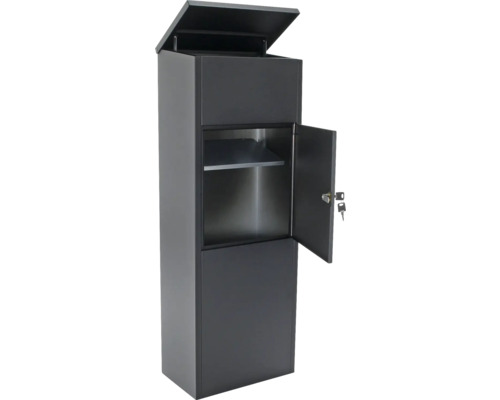 Boîte aux lettres autoportante avec serrure, couvercle et porte ouverts