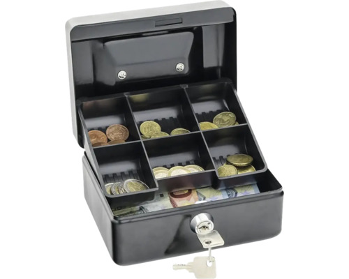 Caisse à monnaie ouverte avec pièces, billets de banque et clé
