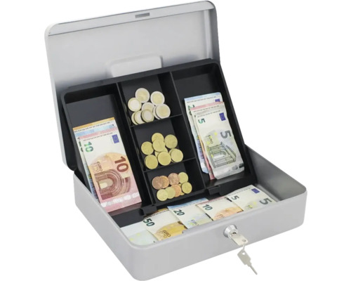 Caisse à monnaie ouverte avec billets et pièces en euros