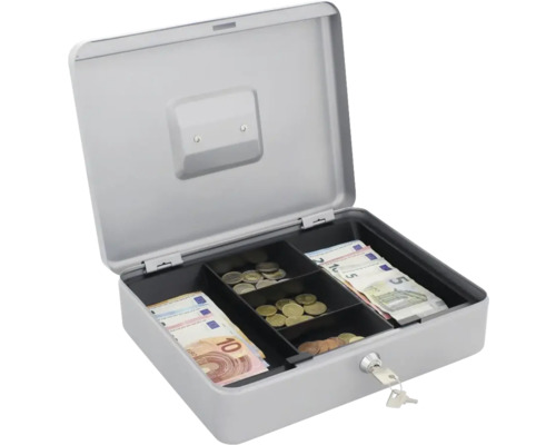 Coffre-fort gris ouvert avec billets en euros et pièces de monnaie