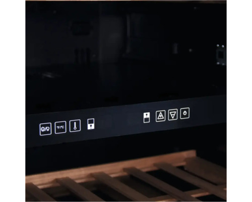 Bedienfeld eines Weinkühlschranks mit verschiedenen Symbolen für Temperaturregelung, Beleuchtung und Alarme