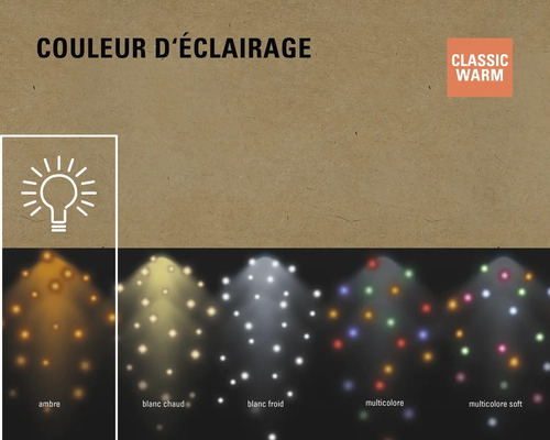 Différentes couleurs d''éclairage au choix : Ambre, Blanc chaud, Blanc froid, Multicolore, Multicolore doux