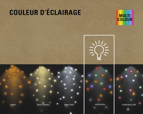 Différentes couleurs d''éclairage : ambre, blanc chaud, blanc froid, multicolore et multicolore doux.
