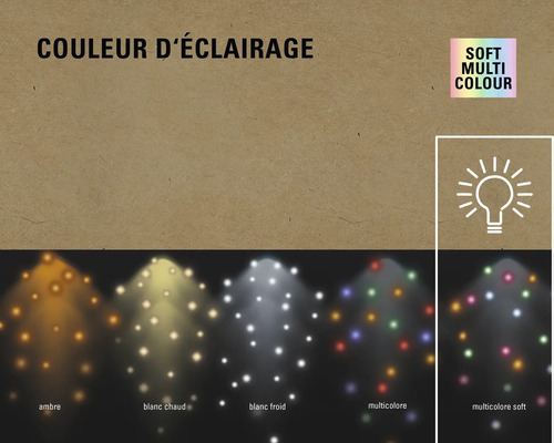 Différentes couleurs d''éclairage: ambre, blanc chaud, blanc froid, multicolore et multicolore doux