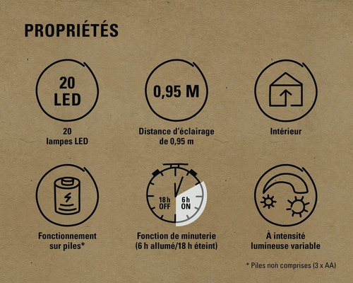 Propriétés : 20 LED, 0,95 mètre, intérieur, fonctionne sur piles, fonction de minuterie, intensité lumineuse variable
