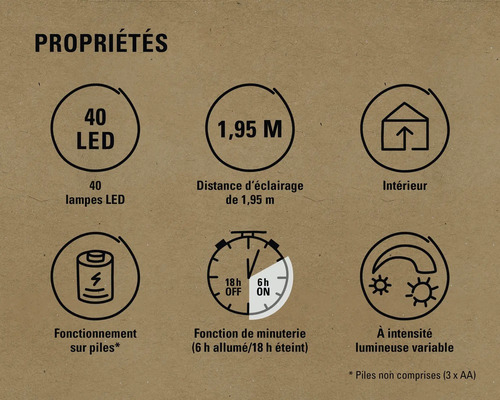 Propriétés : 40 LED, 1,95 mètre, pour l’intérieur, fonctionnement sur piles, fonction de minuterie, intensité lumineuse variable
