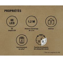 Propriétés : 60 LED, portée d’éclairage de 1,2 mètre, pour l’intérieur, fonctionne sur piles, fonction de minuterie