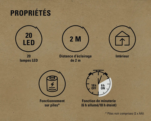 Propriétés : 20 LED, portée d’éclairage de 2 m, convient pour l’intérieur, fonctionnement sur piles, fonction de minuterie
