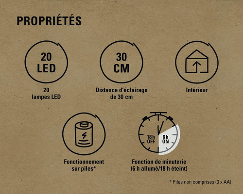Propriétés : 20 lampes LED, distance d''éclairage de 30 cm, intérieur, fonctionne sur piles, fonction de minuterie
