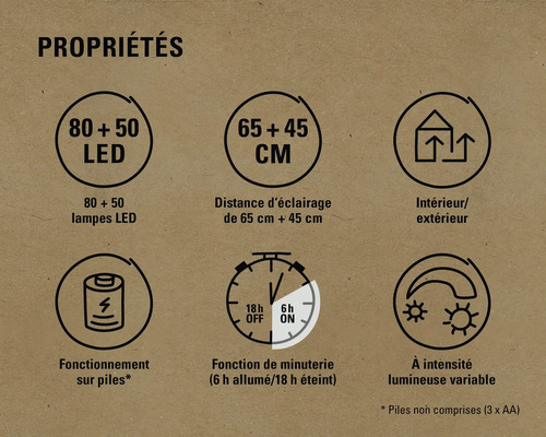 Caractéristiques du produit : 80 plus 50 LED, 65 plus 45 centimètres, convient pour l’intérieur et l’extérieur, fonctionnement sur piles, fonction de minuterie, intensité lumineuse variable