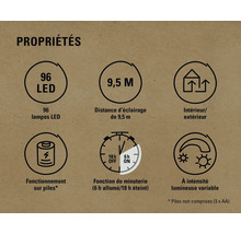 Propriétés : 96 LED, portée d''éclairage de 9,5 mètres, intérieur/extérieur, fonctionne sur piles, fonction de minuterie (6 h allumées/18 h éteintes), intensité lumineuse variable