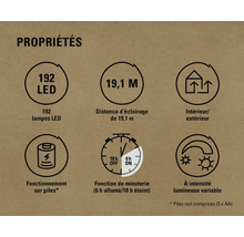 Propriétés : 192 LED, portée d’éclairage de 19,1 m, utilisation intérieure/extérieure, fonctionnement sur piles, fonction de minuterie (6 h allumée/18 h éteinte), intensité lumineuse variable