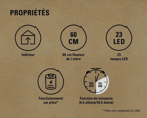 Caractéristiques: Convient pour l''intérieur, 60 centimètres de hauteur, 23 LEDs, Fonctionnement sur piles, Fonction de minuterie six heures allumée et 18 heures éteinte