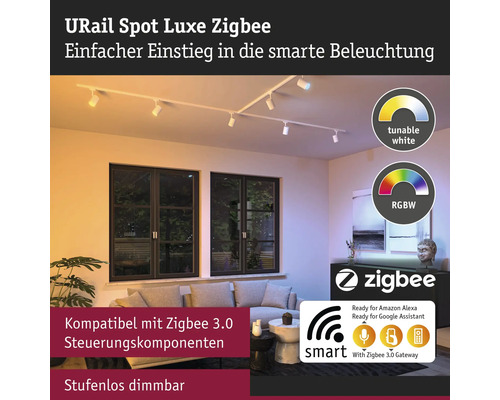 Système d''éclairage URail Spot Luxe Zigbee dans le salon.